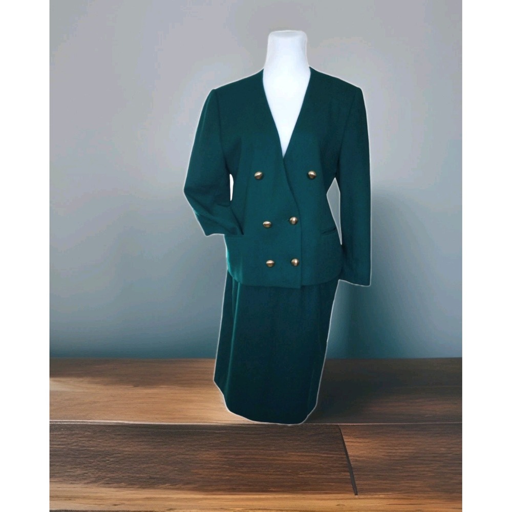 Russ VTG women's green Suit Skirt Jacket Wool Pockets  Pencil Career Sz 10P USA